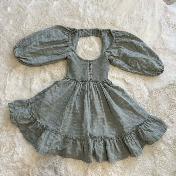 Free people open back puff sleeve sage green cottagecore fairy dress - Picture 2 of 7
